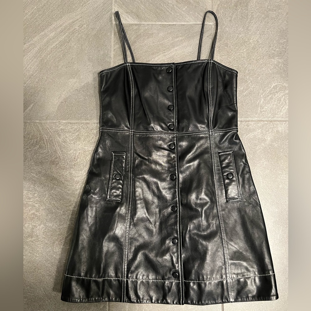 GANNI Smocked Leather Mini Dress